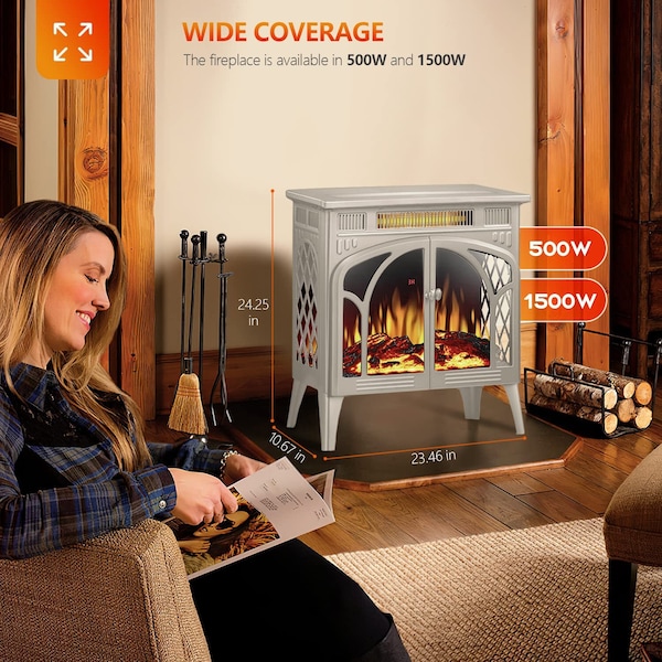 Edendirect 23.46'' Freestanding Electric Fireplace Heater, Adjustable Brightness and Heating Mode, Beige - S230B-BEIGE