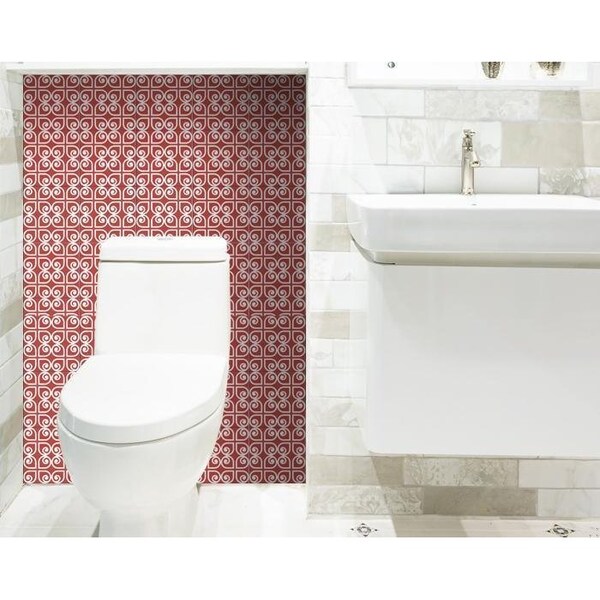 Homeroots 7 x 7 in. Brick Red & White Scroll Peel & Stick Removable Tiles - 400423