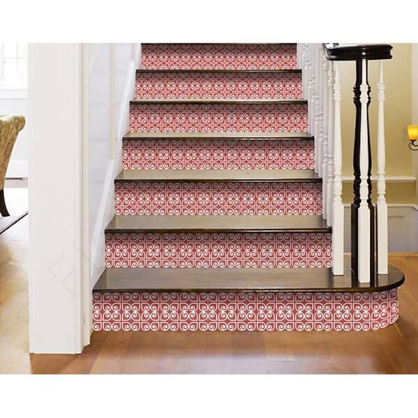 Homeroots 7 x 7 in. Brick Red & White Scroll Peel & Stick Removable Tiles - 400423
