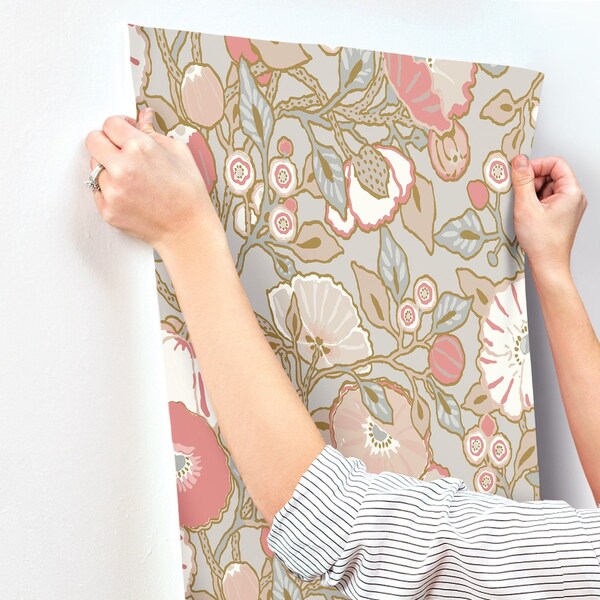 York Wallcoverings Poppies Grey and Pink Metallic Wallpaper - GO8314