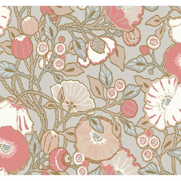 York Wallcoverings Poppies Grey and Pink Metallic Wallpaper - GO8314