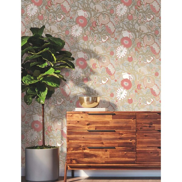 York Wallcoverings Poppies Grey and Pink Metallic Wallpaper - GO8314