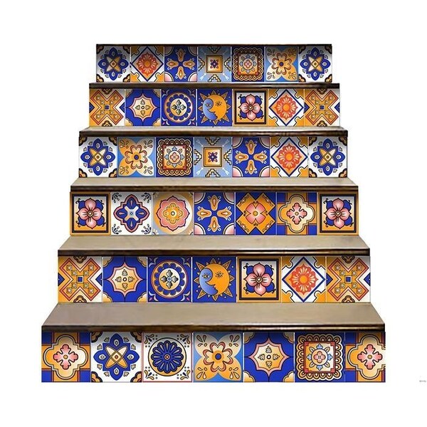 Homeroots 4 x 4 in. Blue & Gold Celestial Mosaic Peel & Stick Removable Tiles - 400441