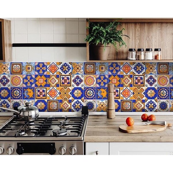 Homeroots 4 x 4 in. Blue & Gold Celestial Mosaic Peel & Stick Removable Tiles - 400441