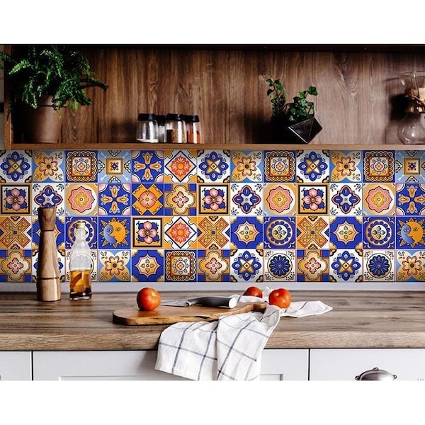 Homeroots 4 x 4 in. Blue & Gold Celestial Mosaic Peel & Stick Removable Tiles - 400441