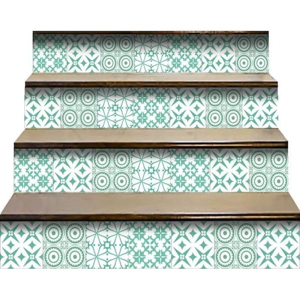 Homeroots 8 x 8 in. Light Green & White Geo Peel & Stick Removable Tiles - 400419