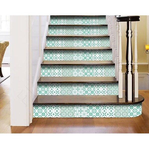Homeroots 8 x 8 in. Light Green & White Geo Peel & Stick Removable Tiles - 400419