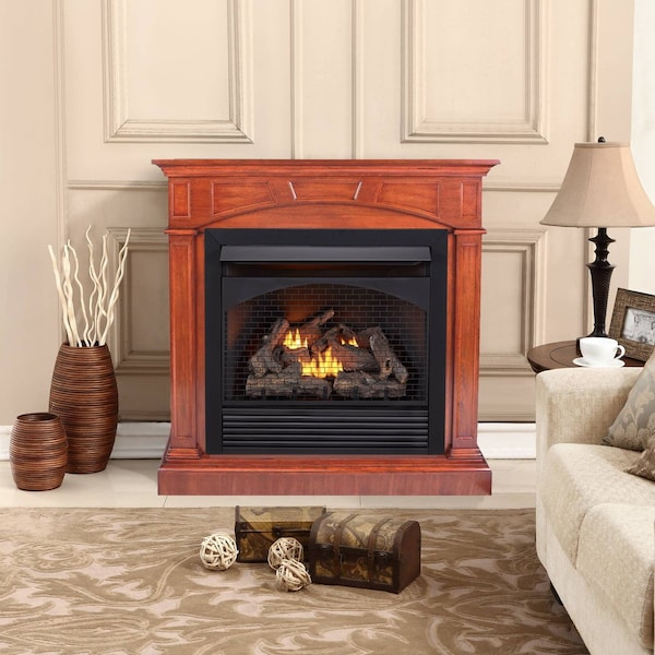 Procom Heating Dual Fuel Ventless Gas Fireplace With Mantel, 32,000 BTU, Remote Control, Heritage Cherry Finish - FBNSD32RT-M-HC