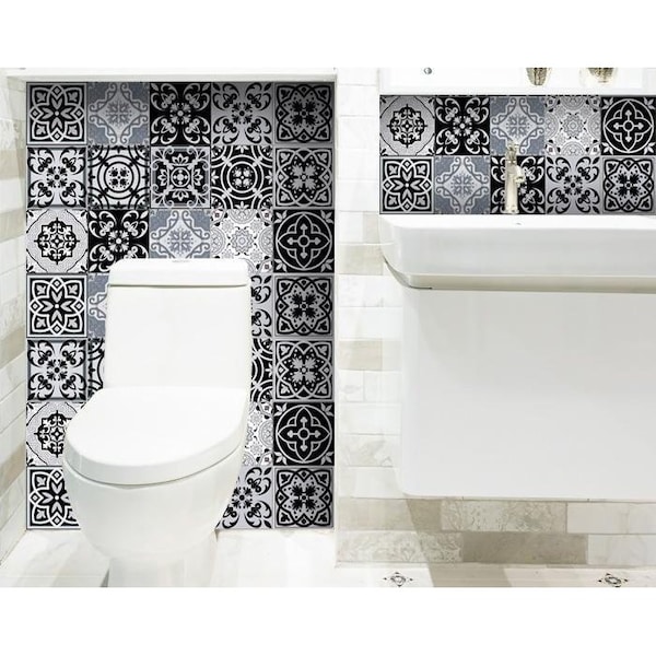 Homeroots 8 x 8 in. Black, White & Gray Mosaic Peel & Stick Tiles - 399874