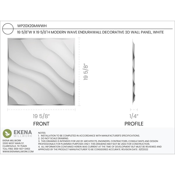 Ekena Millwork 19 5/8in. W x 19 5/8in. H Modern Wave EnduraWall Decorative 3D Wall Panel, White, 10PK - WP20X20MWWH-CASE-10