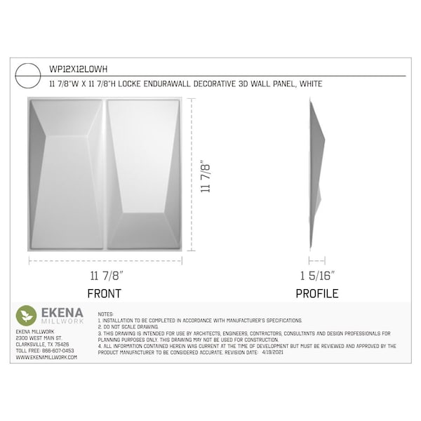 Ekena Millwork 11 7/8in. W x 11 7/8in. H Locke EnduraWall Decorative 3D Wall Panel Covers Total 48.96 Sq. Ft., 50PK - WP12X12LOWH-CASE-50