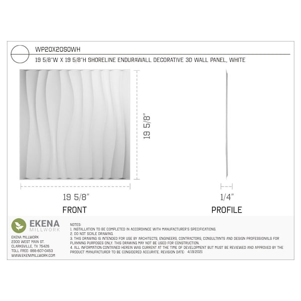 Ekena Millwork 19 5/8in. W x 19 5/8in. H Shoreline EnduraWall Decor 3D Wall Panel Covers, Total 32.1 Sq. Ft., 12PK - WP20X20SOWH-CASE-12