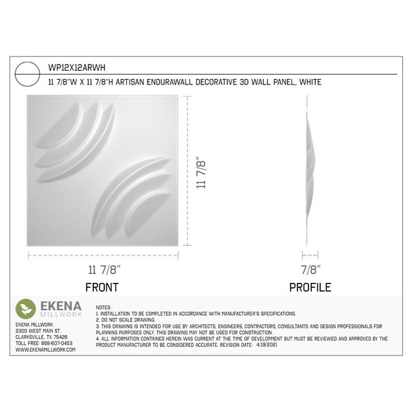 Ekena Millwork 11 7/8in. W x 11 7/8in. H Artisan EnduraWall Decor 3D Wall Panel Covers Total 19.59 Sq. Ft., 20PK - WP12X12ARWH-CASE-20