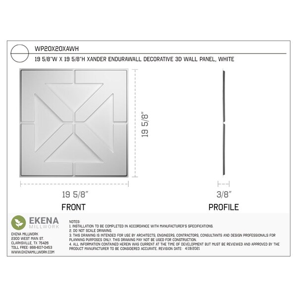 Ekena Millwork 19 5/8in. W x 19 5/8in. H Xander EnduraWall Decor 3D Wall Panel Covers, Total 26.75 Sq. Ft., 10PK - WP20X20XAWH-CASE-10