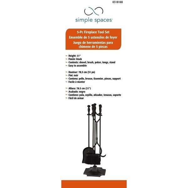 Simple Spaces Simple Spaces T51030BK-C3L Fireplace Tool Set, Black, 5-Piece - T51030BK-C3L