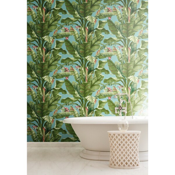 York Wallcoverings Banana Leaf Aqua and White Wallpaper - AT7070
