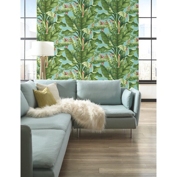 York Wallcoverings Banana Leaf Aqua and White Wallpaper - AT7070