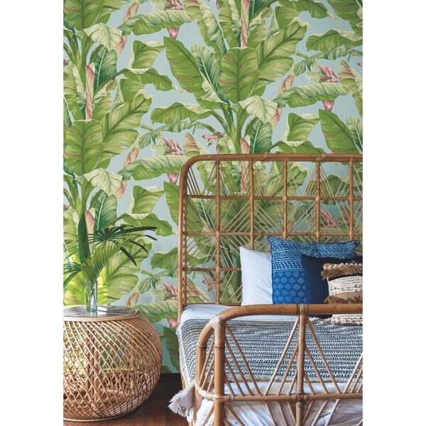 York Wallcoverings Banana Leaf Aqua and White Wallpaper - AT7070