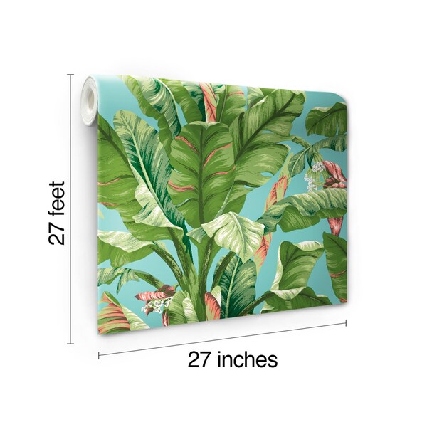 York Wallcoverings Banana Leaf Aqua and White Wallpaper - AT7070