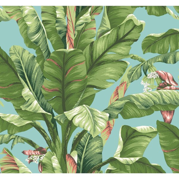 York Wallcoverings Banana Leaf Aqua and White Wallpaper - AT7070