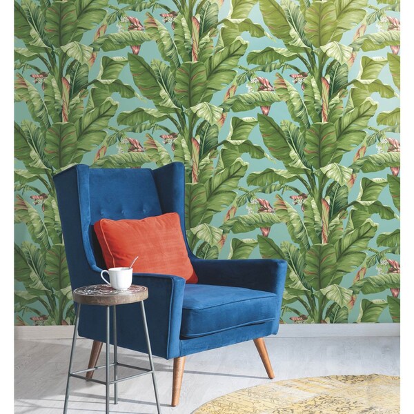 York Wallcoverings Banana Leaf Aqua and White Wallpaper - AT7070