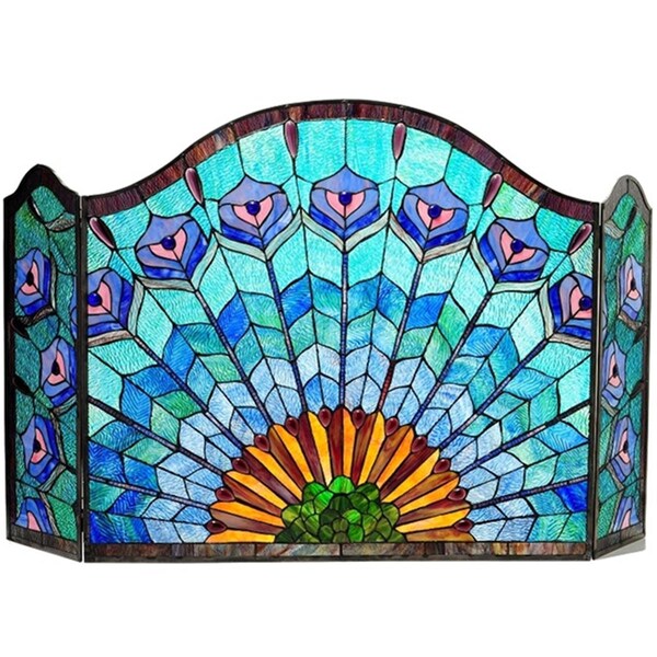 Chloe Lighting 48 In. Lighting Regal Eudora Tiffany Glass 3 Piece Folding Peacock Fireplace Screen, 3Pk - CH1F046GP48-GFS