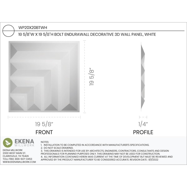 Ekena Millwork 19 5/8in. W x 19 5/8in. H Bolt EnduraWall Decorative 3D Wall Panel, White, 20PK - WP20X20BTWH-CASE-20