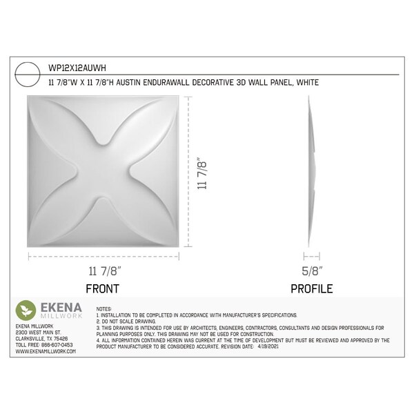 Ekena Millwork Austin EnduraWall Decorative 3D Wall Panel, White, 11 7/8"W x 11 7/8"H - WP12X12AUWH