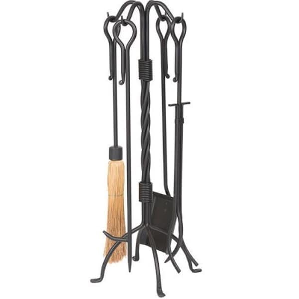 Dagan Wrought Iron Fireplace Tool Set - Corn Broom & Twist Stand, Black - 5 Piece - 5822