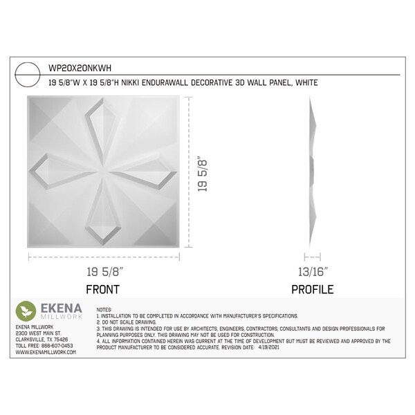 Ekena Millwork 19 5/8in. W x 19 5/8in. H Nikki EnduraWall Decorative 3D Wall Panel Covers, Total 32.1 Sq. Ft., 12PK - WP20X20NKWH-CASE-12