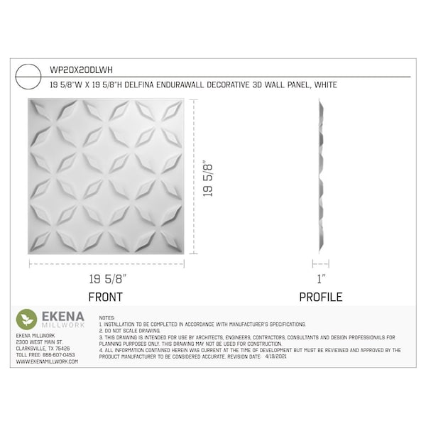 Ekena Millwork 19 5/8in. W x 19 5/8in. H Delfina EnduraWall Decor 3D Wall Panel Covers, Total 26.75 Sq. Ft., 10PK - WP20X20DLWH-CASE-10