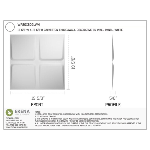 Ekena Millwork 19 5/8in. W x 19 5/8in. H Galveston EnduraWall 3D Wall Panel Covers, Total 26.75 Sq. Ft., 10PK - WP20X20GLWH-CASE-10