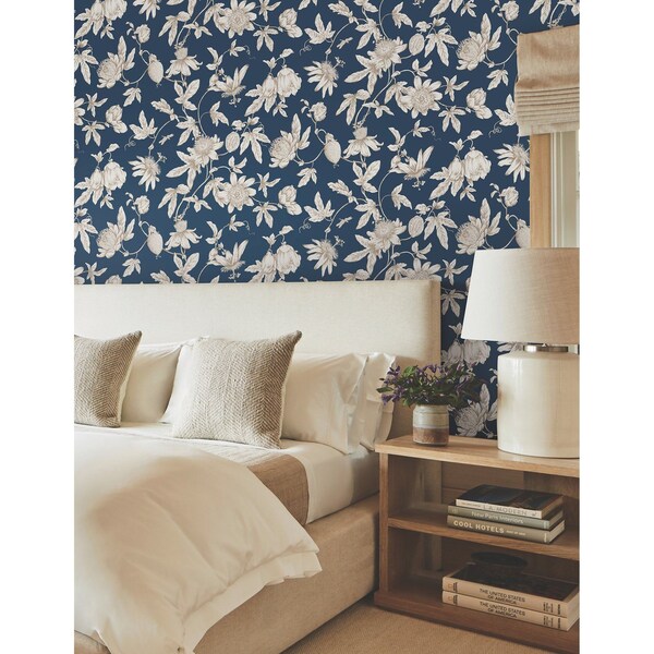 York Wallcoverings Passion Flower Toile Navy Wallpaper - RT7856