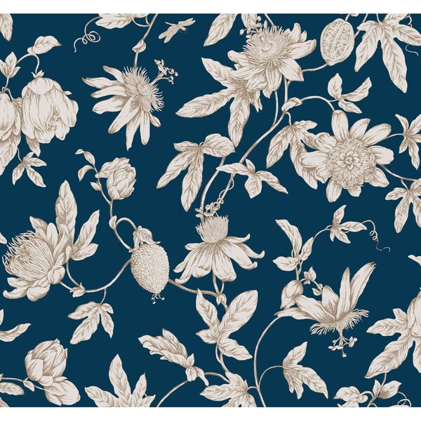 York Wallcoverings Passion Flower Toile Navy Wallpaper - RT7856