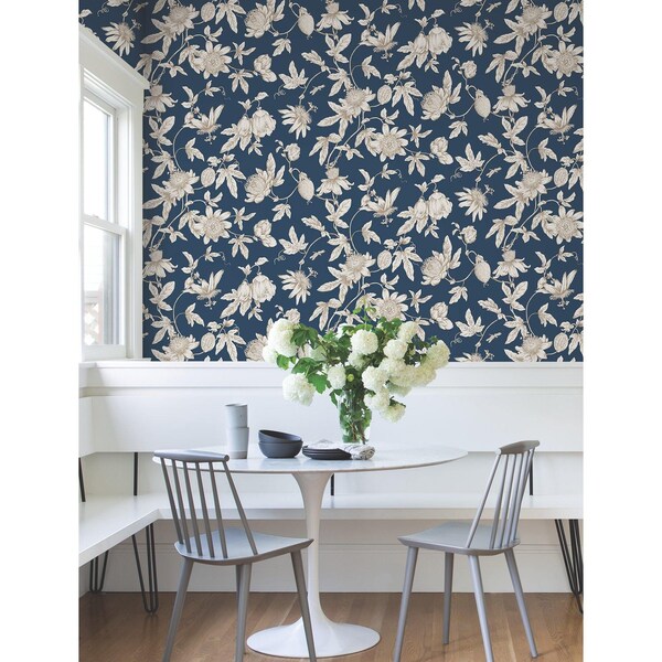York Wallcoverings Passion Flower Toile Navy Wallpaper - RT7856