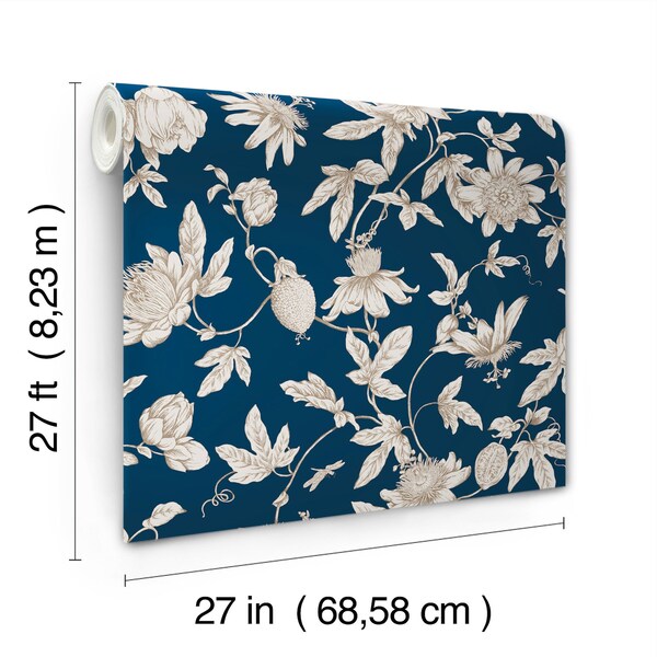 York Wallcoverings Passion Flower Toile Navy Wallpaper - RT7856