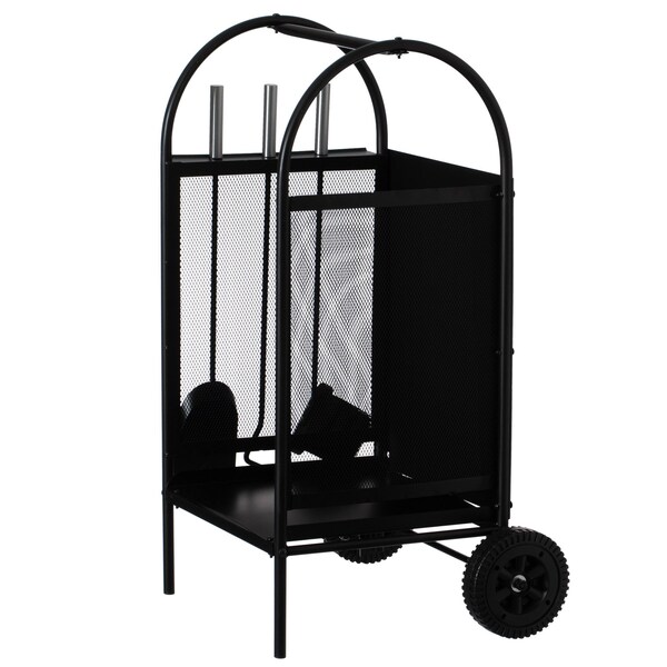 Gardenised Indoor and Outdoor Patio Iron Firewood Log Cart with Wheels and Fireplace Tool Set, Black - QI004553