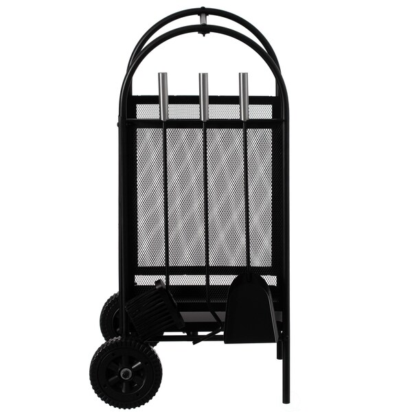 Gardenised Indoor and Outdoor Patio Iron Firewood Log Cart with Wheels and Fireplace Tool Set, Black - QI004553
