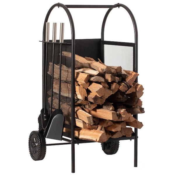Gardenised Indoor and Outdoor Patio Iron Firewood Log Cart with Wheels and Fireplace Tool Set, Black - QI004553