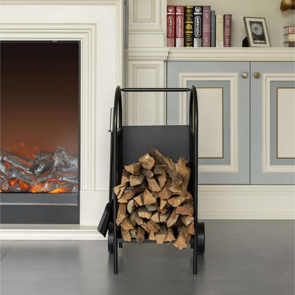 Gardenised Indoor and Outdoor Patio Iron Firewood Log Cart with Wheels and Fireplace Tool Set, Black - QI004553