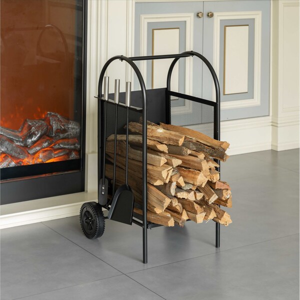 Gardenised Indoor and Outdoor Patio Iron Firewood Log Cart with Wheels and Fireplace Tool Set, Black - QI004553