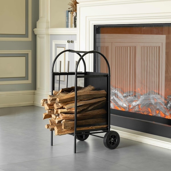 Gardenised Indoor and Outdoor Patio Iron Firewood Log Cart with Wheels and Fireplace Tool Set, Black - QI004553