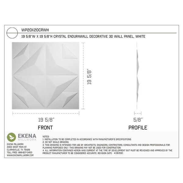 Ekena Millwork 19 5/8in. W x 19 5/8in. H Crystal EnduraWall Decor 3D Wall Panel Covers Total 53.49 Sq. Ft., 20PK - WP20X20CRWH-CASE-20