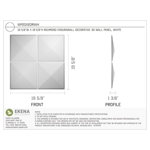Ekena Millwork 19 5/8in. W x 19 5/8in. H Richmond EnduraWall Decor 3D Wall Panel Covers, Total 26.75 Sq. Ft., 10PK - WP20X20RIWH-CASE-10