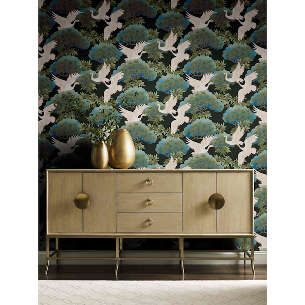 York Wallcoverings Sprig and Heron Black Wallpaper Sample - AF6593SAM