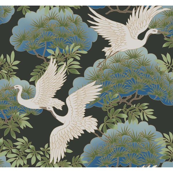 York Wallcoverings Sprig and Heron Black Wallpaper Sample - AF6593SAM