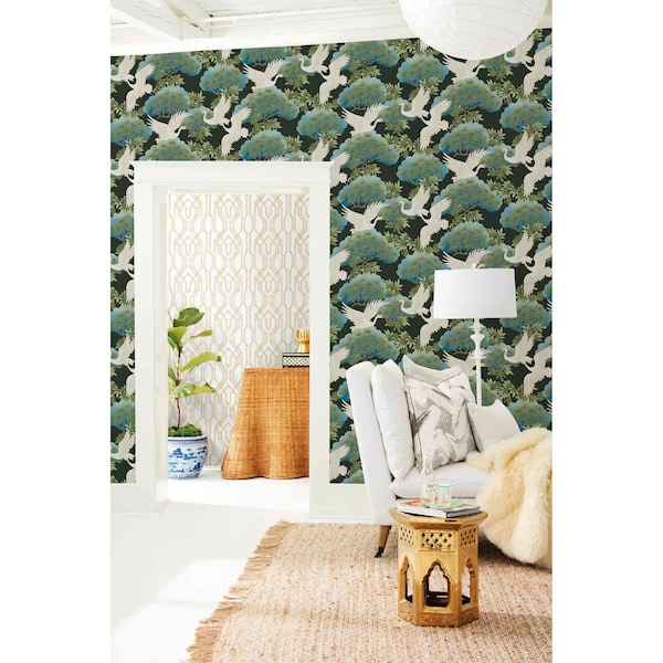 York Wallcoverings Sprig and Heron Black Wallpaper Sample - AF6593SAM