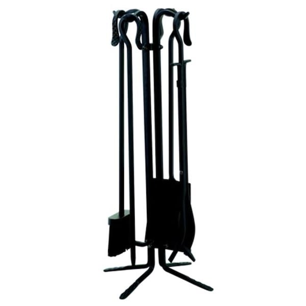 Uniflame Uniflame T18070BK 5 PC BLACK WROUGHT ITON FIRESET WITH CROOK HANDLES - T18070BK