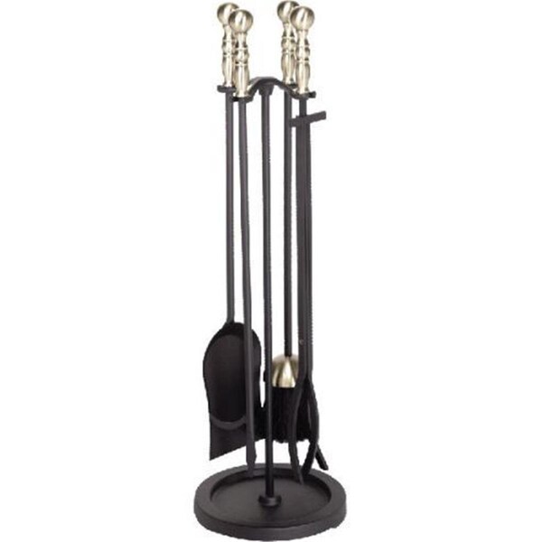 Dagan Fireplace Tool Set - Rail on Base, Black & Antique Brass - 5 Piece - 5532