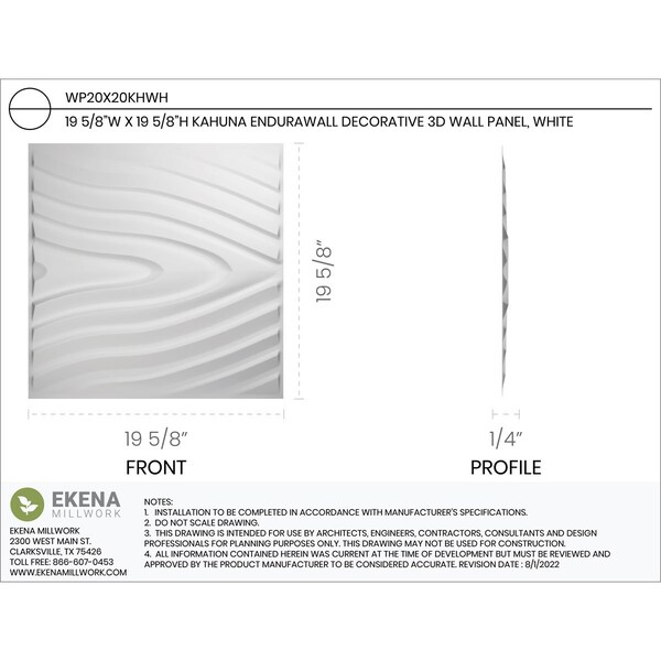 Ekena Millwork 19 5/8in. W x 19 5/8in. H Kahuna EnduraWall Decor 3D Wall Panel Covers, Total 32.1 Sq. Ft., 12PK - WP20X20KHWH-CASE-12